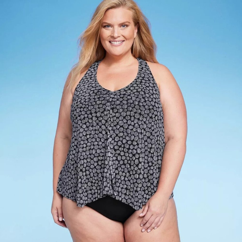 Women's UPF 50 Mesh Overlay Tankini Top - Aqua Green® Multi 2X Black Multi